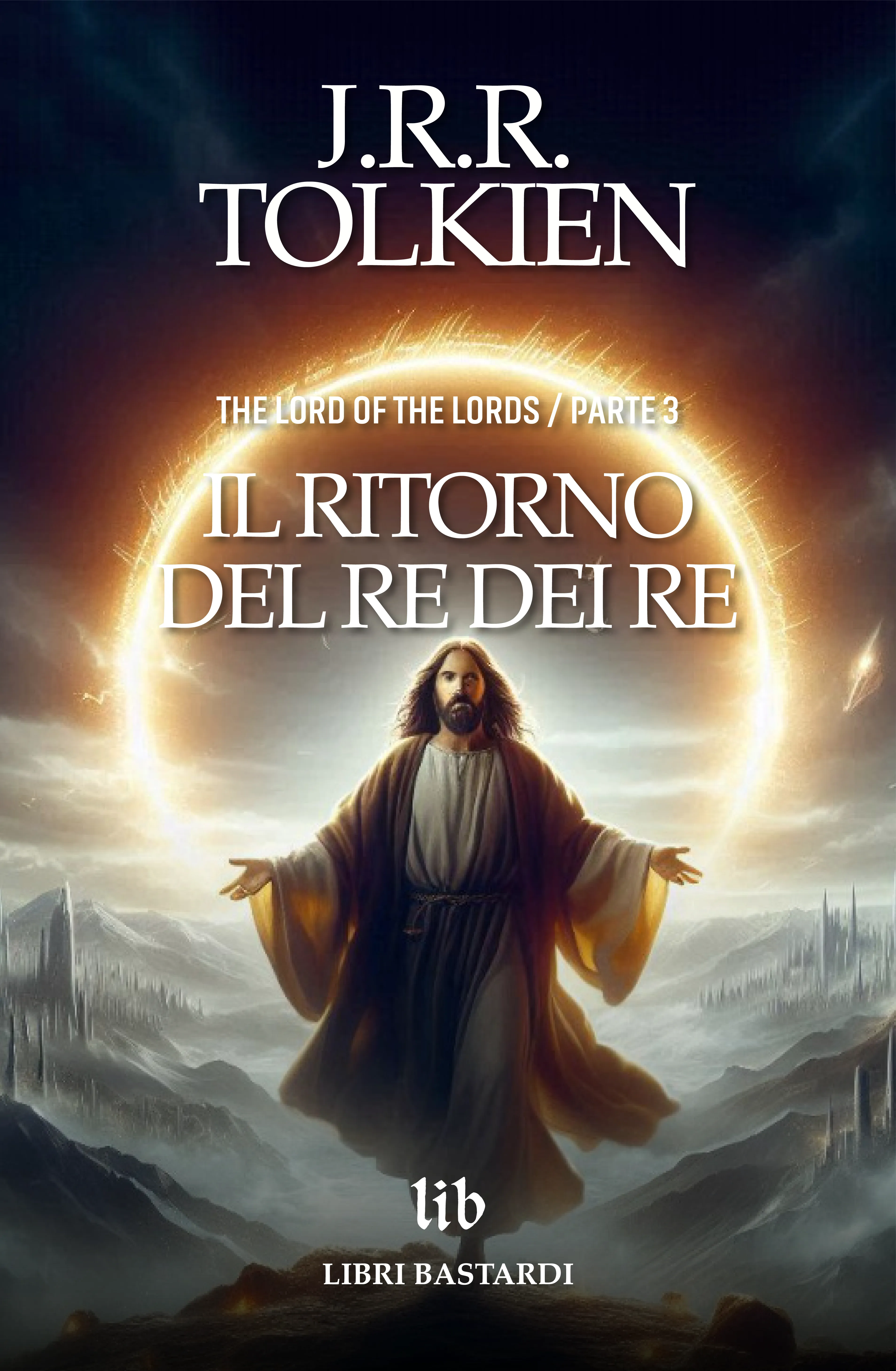 Book cover featuring a majestic figure in a robe with outstretched arms, surrounded by a glowing halo. Text: "J.R.R. Tolkien, Il Ritorno del Re dei Re."